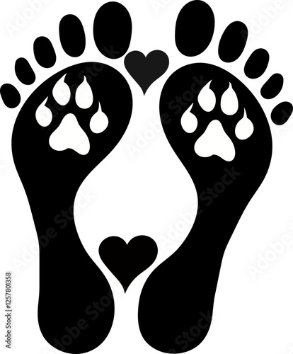 A black vector drawing of a Human Footprint with a white dog footprint inside each foot and two hearts in the middle of the feet  