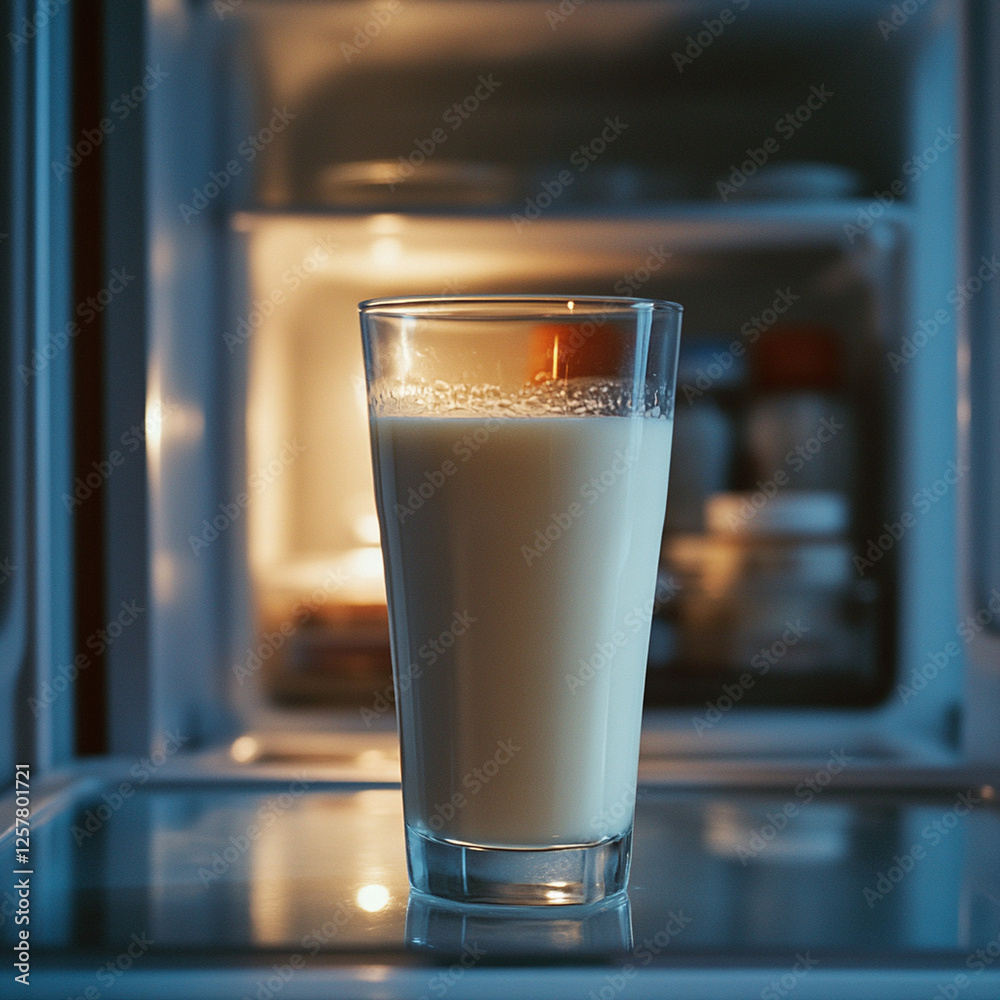 Creamy beverage in a glass beside a softly lit refrigerator at home. Generative AI Creamy beverage in a glass beside a softly lit refrigerator at home. Generative AI