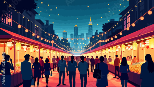 A vibrant night market with people walking among food stalls and lights. Concept of urban culture, street food, and social experience.