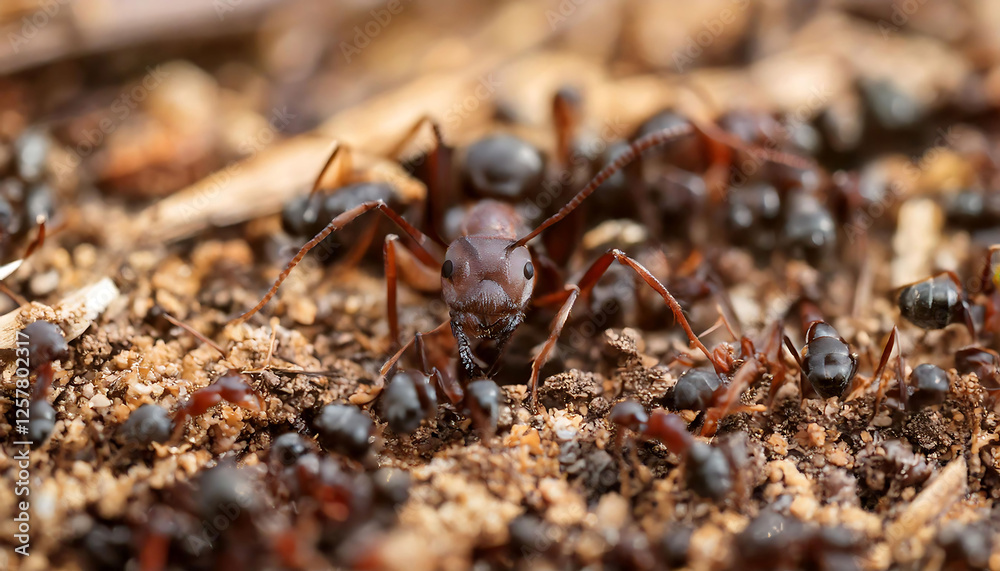 Extreme close-up of a colony of dark brown ants in their natural habitat. High-detail macro photography showcasing intricate textures and insect behavior. Extreme close-up of a colony of dark brown ants in their natural habitat. High-detail macro photography showcasing intricate textures and insect behavior.