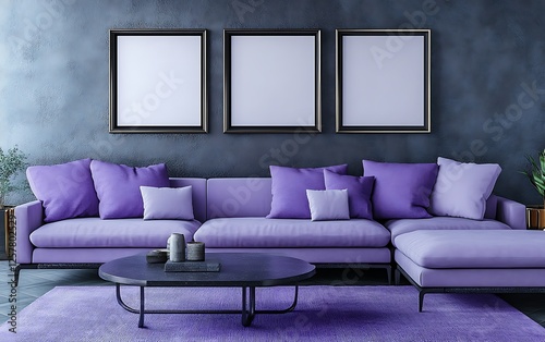 Purple sectional sofa in modern living room with three frames, textured wall