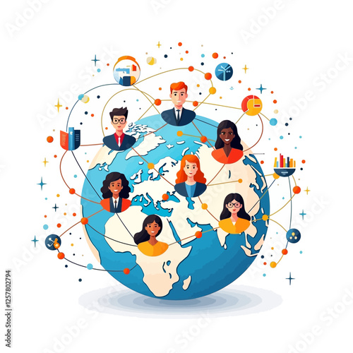 A global business network with people connected around the world. Concept of communication, teamwork, and digital connectivity.