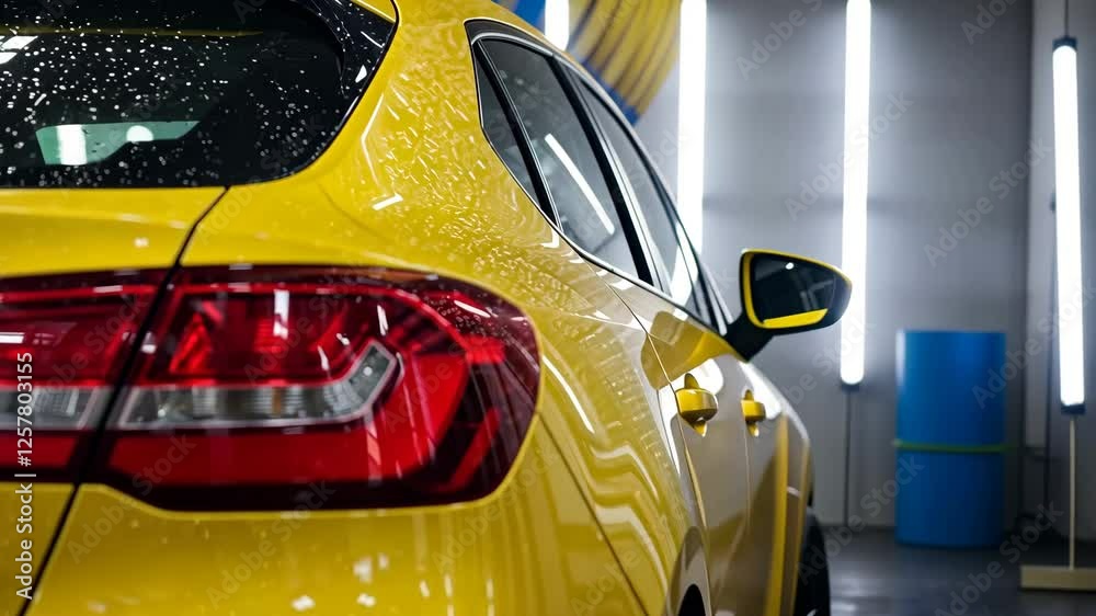 ellow car wash, cleaning and auto detailing service for vehicle maintenance. Automotive industry, hygiene and car care
