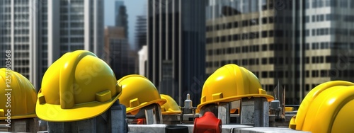 Construction Site with Yellow Hard Hats and a Cityscape Background Representing Urban Development photo