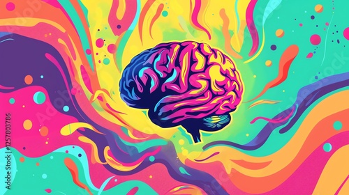A colorful illustration of a human brain on a psychedelic background.