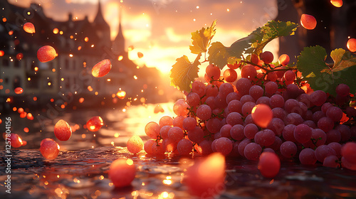 Luscious red grapes glistening at sunset, with bokehblurred town in background.  Perfect for wine, food, and harvest themes.  Stunning imagery for advertisements, websites, or editorial projects. photo