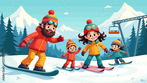 A happy family skiing together on a snowy mountain, enjoying winter sports and outdoor adventure. Concept of family bonding, vacation, and fun.