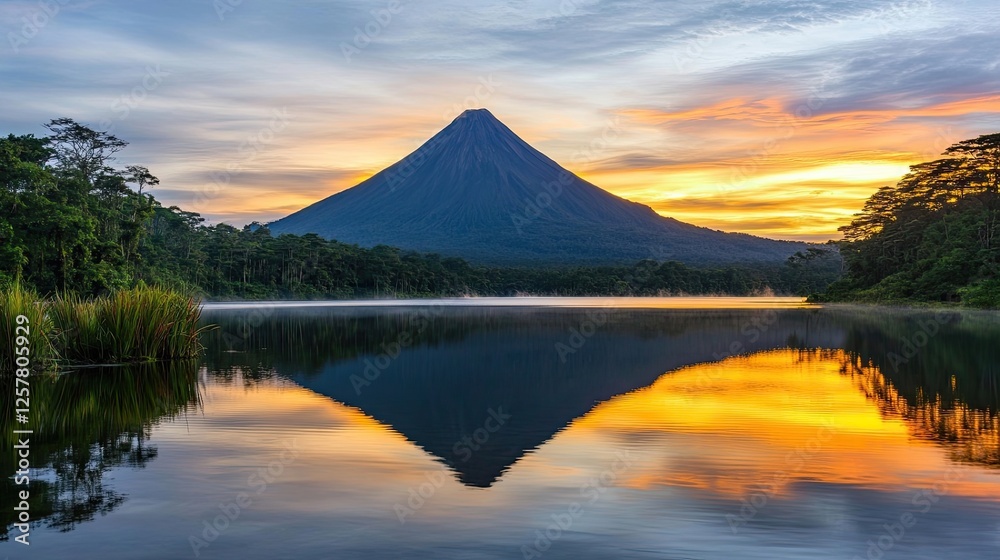 Volcanic mountain reflecting in calm lake waters at sunrise. Volcanic mountain reflecting in calm lake waters at sunrise.