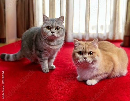 Adorable Fluffy Cats on a Cozy Red Carpet

