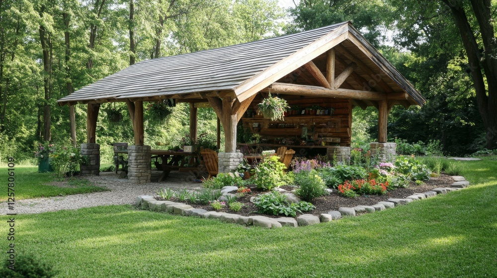 Rustic Wooden Pavilion in a Lush Garden Rustic Wooden Pavilion in a Lush Garden