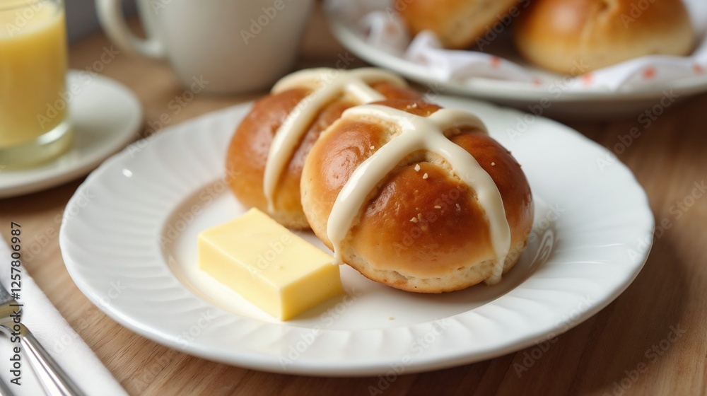 Freshly baked hot cross buns served with butter alongside a glass of juice on a wooden table during breakfast Freshly baked hot cross buns served with butter alongside a glass of juice on a wooden table during breakfast