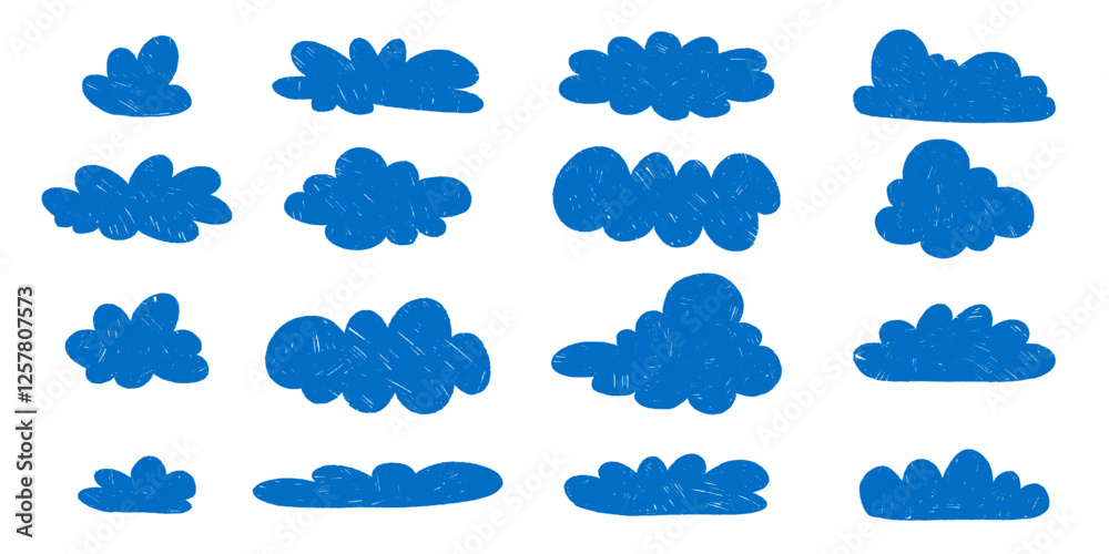 Blue Pencil Drawings of Fluffy Clouds. Clouds in hand drawn style with grunge effect. Abstract cartoon and fluffy cloud icons. Blue Pencil Drawings of Fluffy Clouds. Clouds in hand drawn style with grunge effect. Abstract cartoon and fluffy cloud icons.