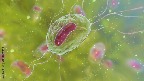 Plasmodium, a type of single celled parasite that is the causative agent of malaria. It exists in various forms during its life cycle, such as sporozoites, merozoites photo