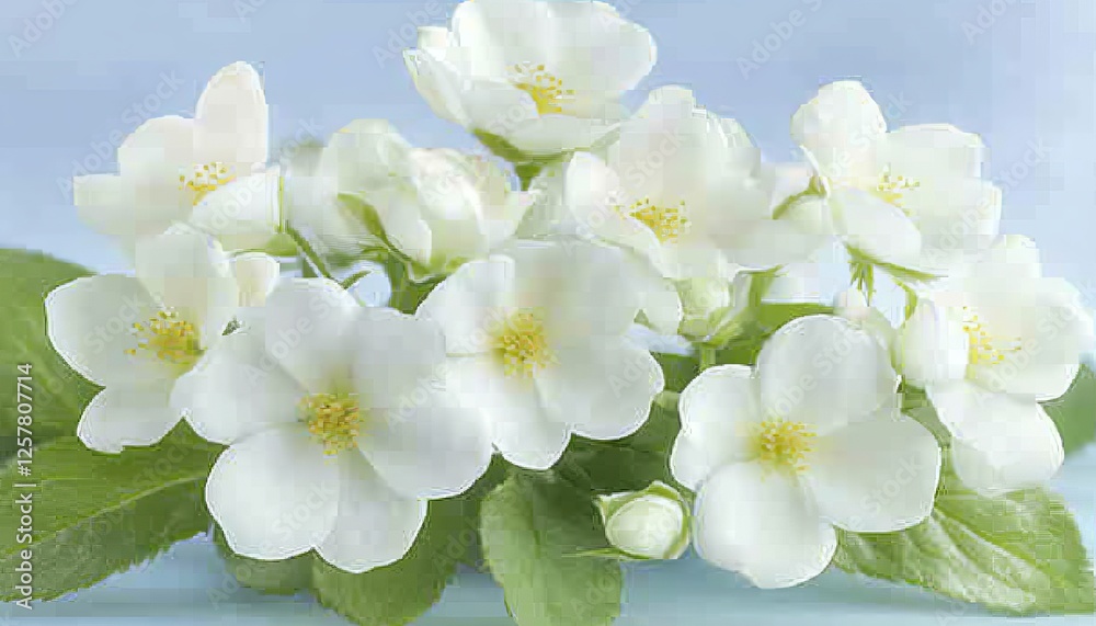 Close-up of Delicate White Flowers with Yellow Centers, Blooming on Lush Green, Blue Sky Backdrop Close-up of Delicate White Flowers with Yellow Centers, Blooming on Lush Green, Blue Sky Backdrop