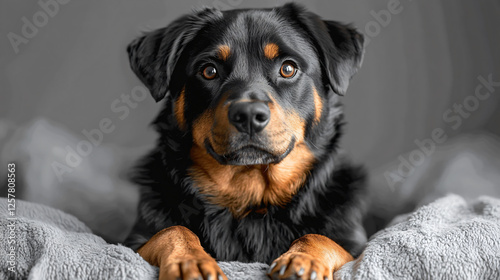 a dog laying on a blanket looking at the camera