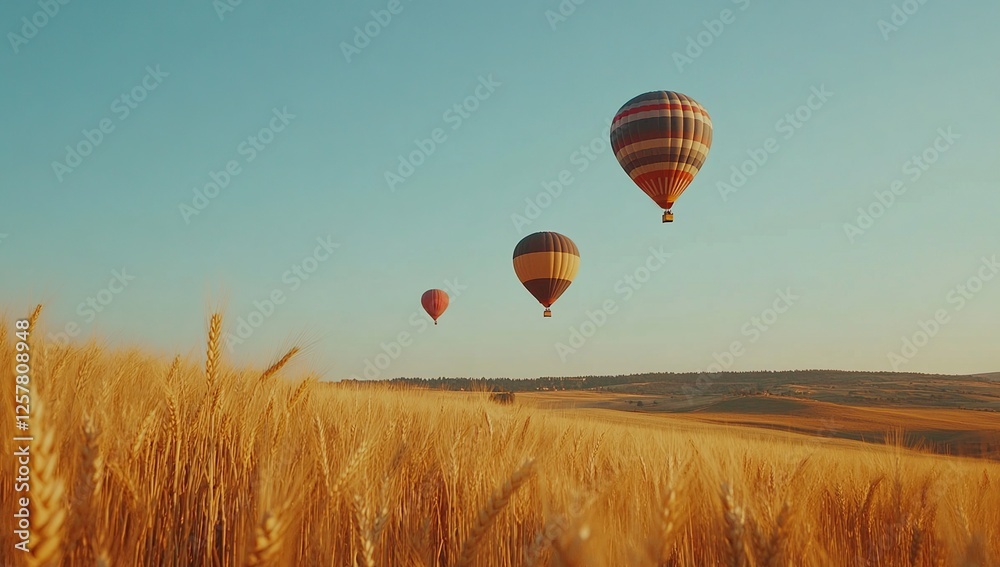 Obraz premium Hot Air Balloons Soaring Over Golden Wheat Fields at Sunset: A Serene Landscape Adventure