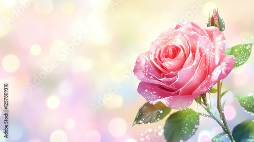 Pink Rose with Dew Drops on Soft Bokeh Background in Bright Light