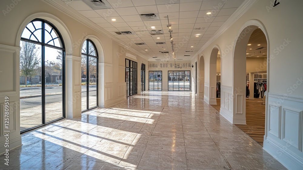 Sunlit retail space with arched windows and storefront. Interior shot of a modern store, showcasing empty space for display Sunlit retail space with arched windows and storefront. Interior shot of a modern store, showcasing empty space for display