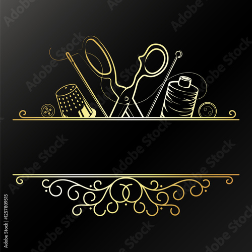 Needle and thread and sewing accessories, gold symbol with pattern