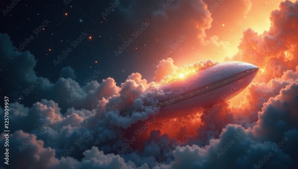 An ethereal silver vessel glows softly under an aurora-like display of orange hues in deep space , stars, cosmos An ethereal silver vessel glows softly under an aurora-like display of orange hues in deep space , stars, cosmos