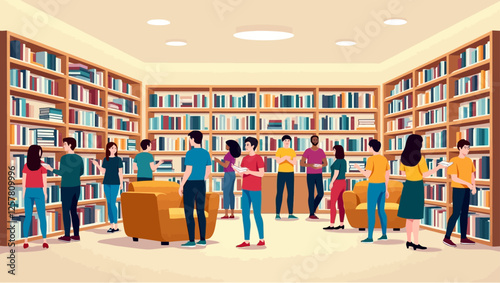 Diverse people browsing and choosing books from bookshelves in a bookstore. Customers selecting novels and textbooks in the literature store.