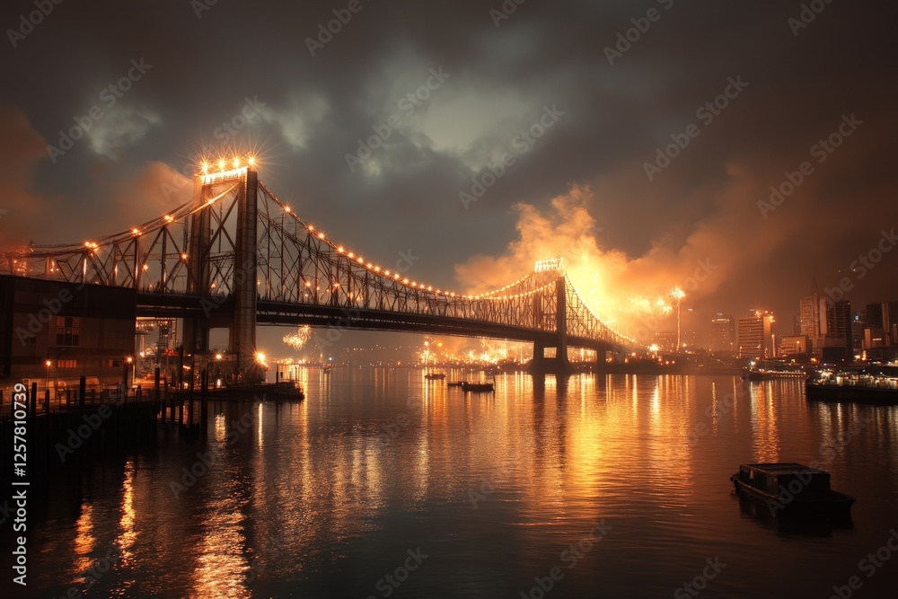 City skyline illuminated by fiery glow behind a bridge at dusk with reflections on the water