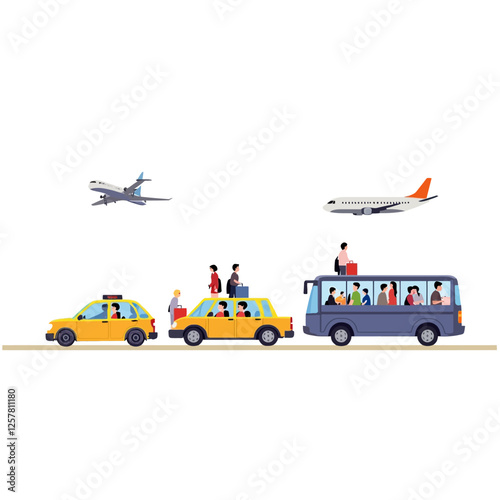 Passengers transfer set showing taxi, private car, minibus, and bus transporting people from the airport to the hotel. Luggage is being loaded onto shuttles and other vehicles. Flat vector illustratio