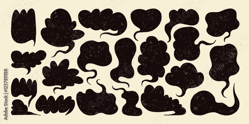 Collection of Chat Bubbles with Wavy Grunge Edges. Hand drawn colorful speech blobs. Chat boxes isolated on yellow background. Comic book abstract text boxes. 