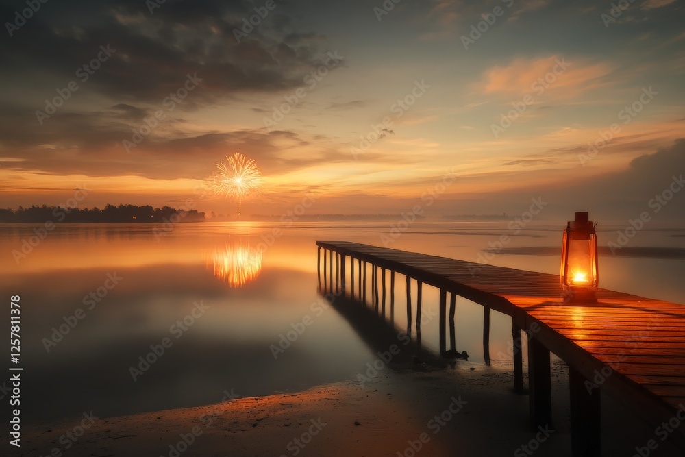 Fototapeta premium Fireworks light up the sky above a serene lake at dusk with a lantern illuminating the dock
