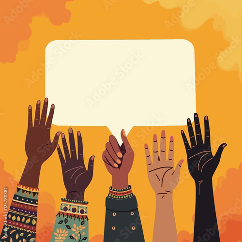 A group communication scene with multiethnic and multicultural men and women, raising hands holding speech bubbles. The illustration represents racial equality, human diversity, and different cultures