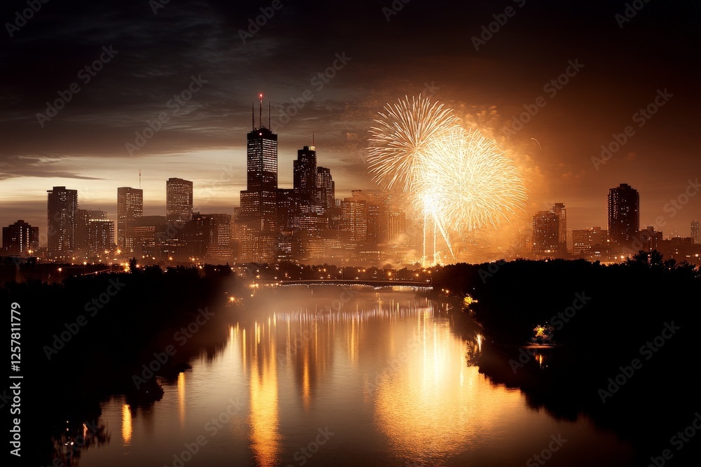 Vibrant fireworks illuminate a city skyline during a summer night celebration by the river Vibrant fireworks illuminate a city skyline during a summer night celebration by the river