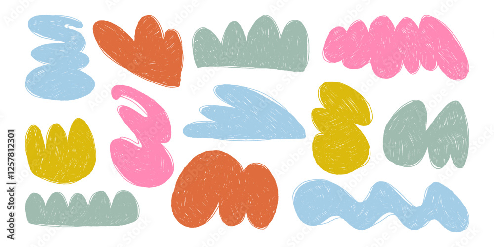 Colorful Funny Abstract Grunge Shapes with Pencil Geometric Drawings with Hand Drawn Texture. Cute and funny stickers Colorful Funny Abstract Grunge Shapes with Pencil Geometric Drawings with Hand Drawn Texture. Cute and funny stickers