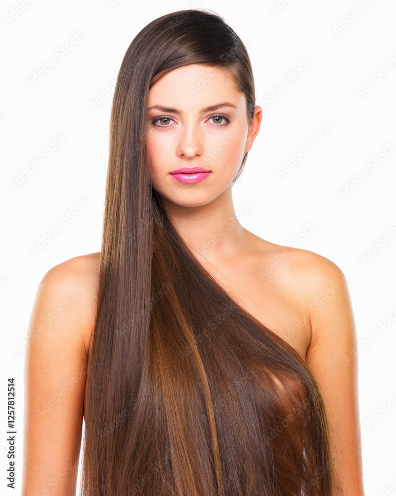 Naklejka premium Beauty, hair and portrait with model isolated on white background for keratin or shampoo treatment. Cosmetics, glow and haircare with naked woman in studio for natural or organic growth and volume