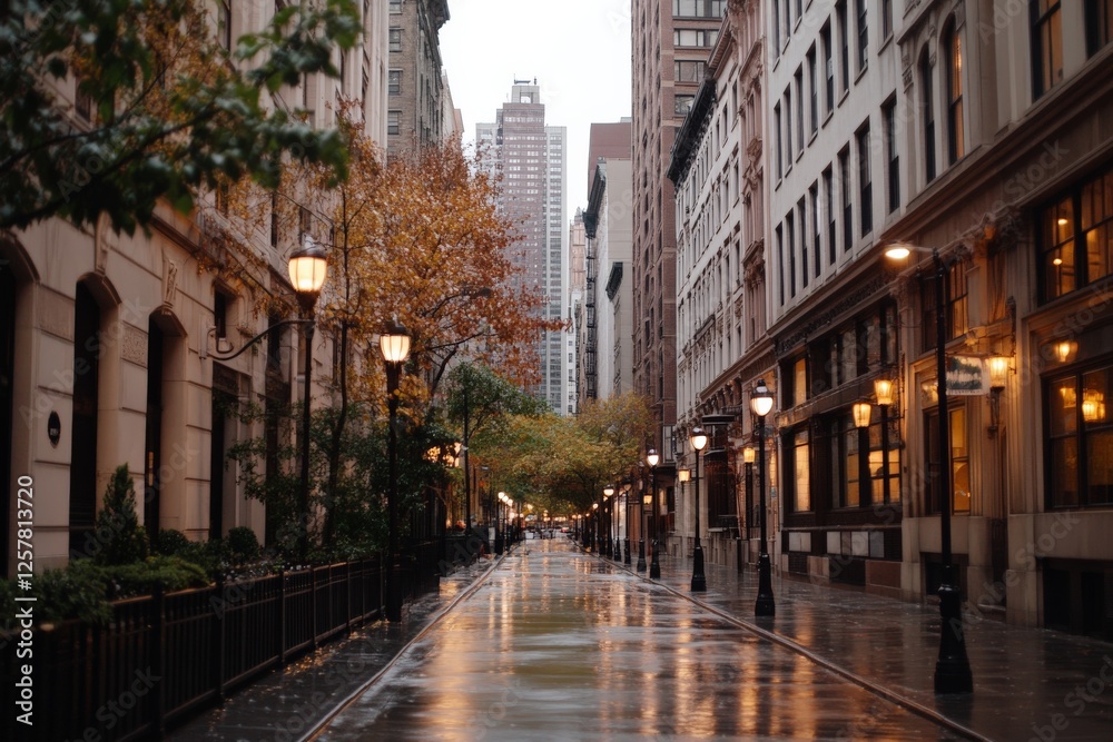 Fototapeta premium Rain-soaked city street reflects autumn colors under overcast skies in downtown area of New York City