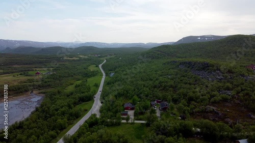 Aerial view of Norway wilderness forest landscape drone fly above north European Scandinavia natural environment photo