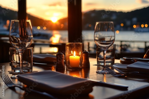 Romantic sunset dining with candlelight at a waterfront restaurant in a serene coastal setting