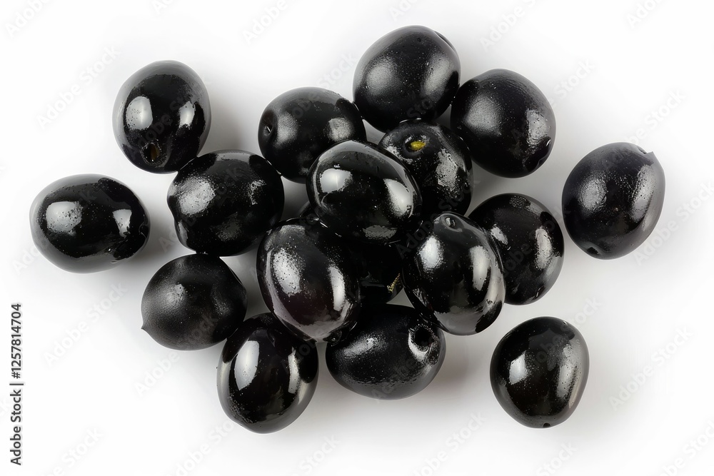 Shiny black olives on white background. Neural network AI generated Shiny black olives on white background. Neural network AI generated