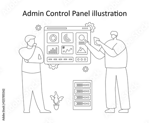 Vector illustration for digital data management and IT solutions. Two analysts reviewing business reports on an interactive dashboard with a server setup.