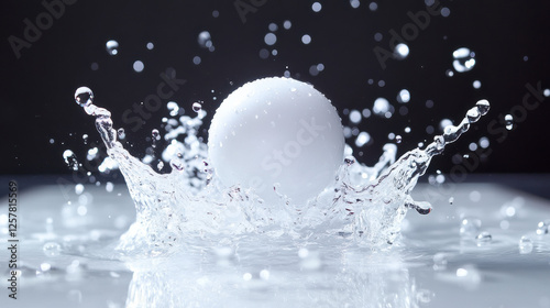 A glossy white ping pong ball striking a water-covered table, scattering droplets in all directions, extreme close-up shot