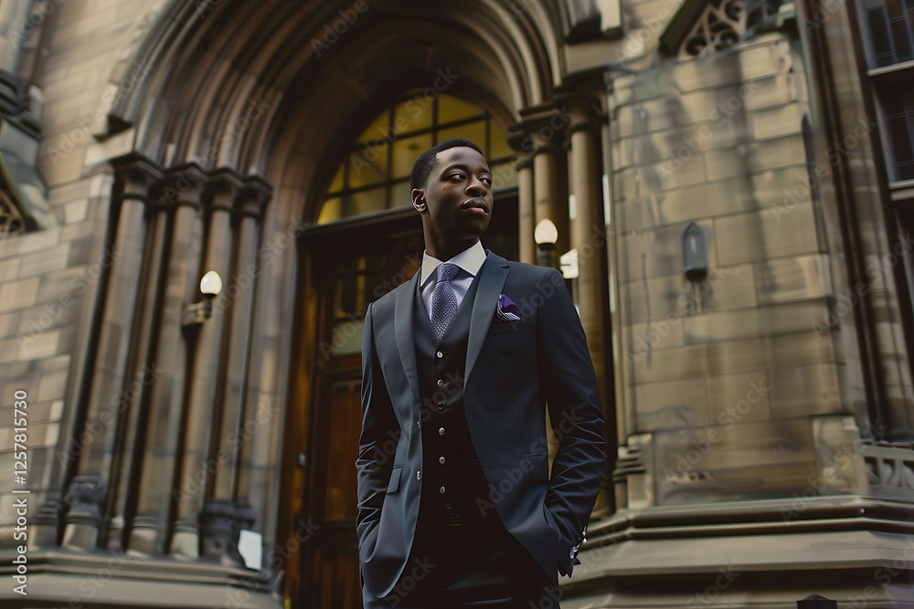 Fototapeta premium a man in a suit standing in front building