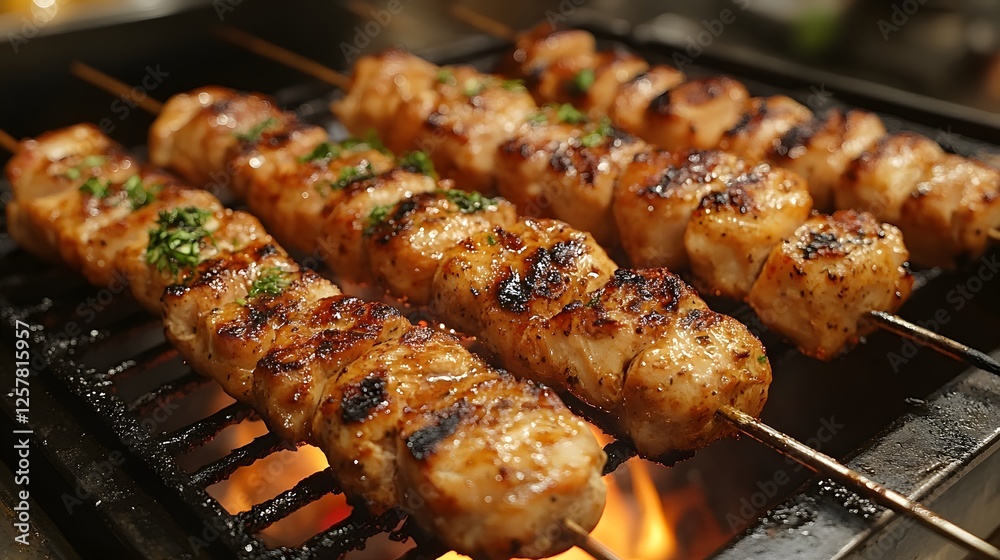 Delicious Grilled Chicken Skewers on Barbecue With Fresh Vegetables and Cilantro Delicious Grilled Chicken Skewers on Barbecue With Fresh Vegetables and Cilantro