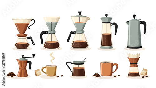 A set of various alternative coffee brewing methods and tools, including coffee machines, grinders, and coffee makers. Hand-drawn vector illustrations in a flat style, isolated on a white background.