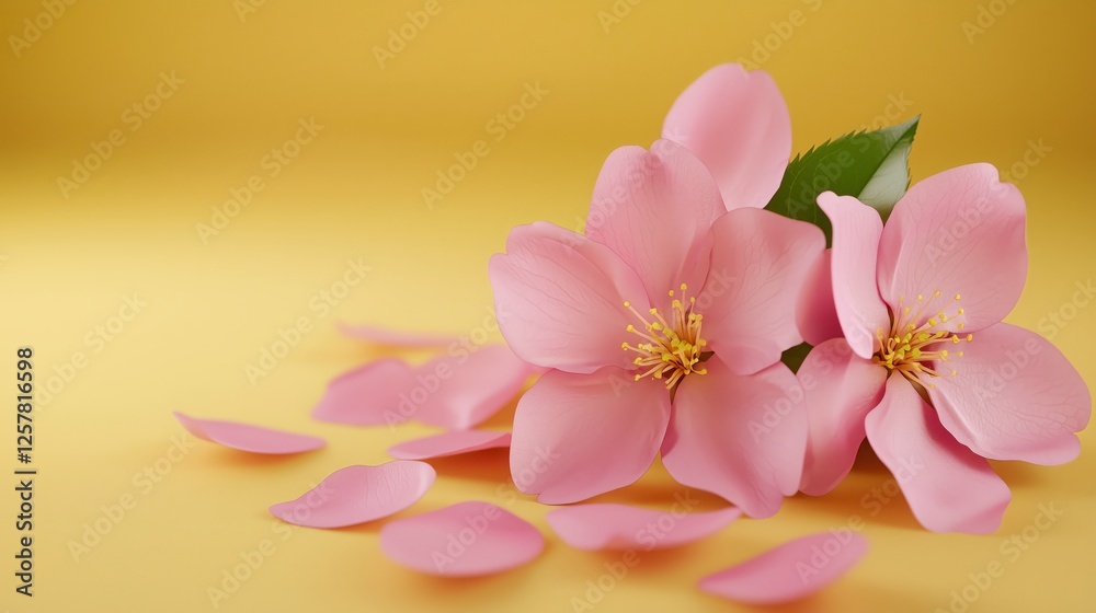 Delicate Pink Flowers with Fallen Petals on a Vibrant Yellow Background, Minimalist Floral Arrangement, Elegant and Cheerful Design, Perfect for Spring and Romantic Themes. Delicate Pink Flowers with Fallen Petals on a Vibrant Yellow Background, Minimalist Floral Arrangement, Elegant and Cheerful Design, Perfect for Spring and Romantic Themes.