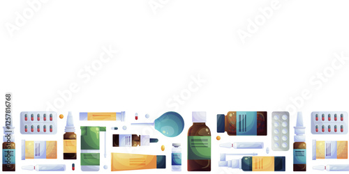 Horizontal seamless banner with various medicines on a white background. The concept of pharmacy, treatment, medicine. Vector illustrations for posters, banners, postcards, invitations and covers.