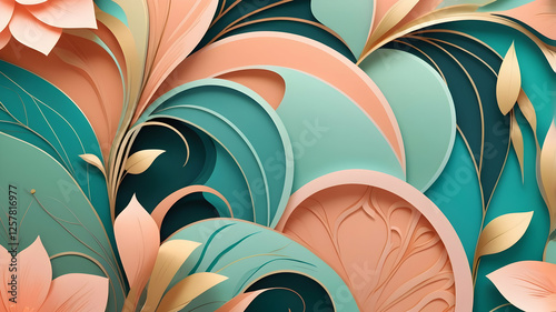 Abstract floral design, paper cut flowers and swirls, teal and peach background.  Possible use  wallpaper, print