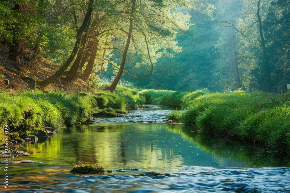 Serene stream flows through lush green forest, sunlit banks, tranquil scene. Serene stream flows through lush green forest, sunlit banks, tranquil scene.