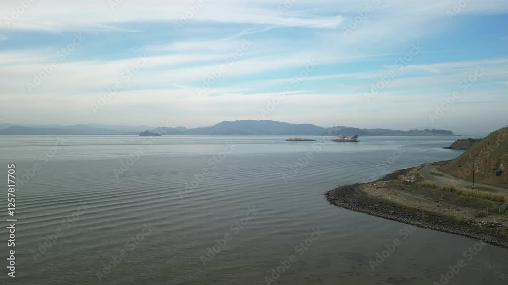 Aerial drone view of Point Molate Beach in Richmond, California, showcasing its rugged shoreline, calm bay waters, and scenic coastal beauty. Aerial drone view of Point Molate Beach in Richmond, California, showcasing its rugged shoreline, calm bay waters, and scenic coastal beauty.