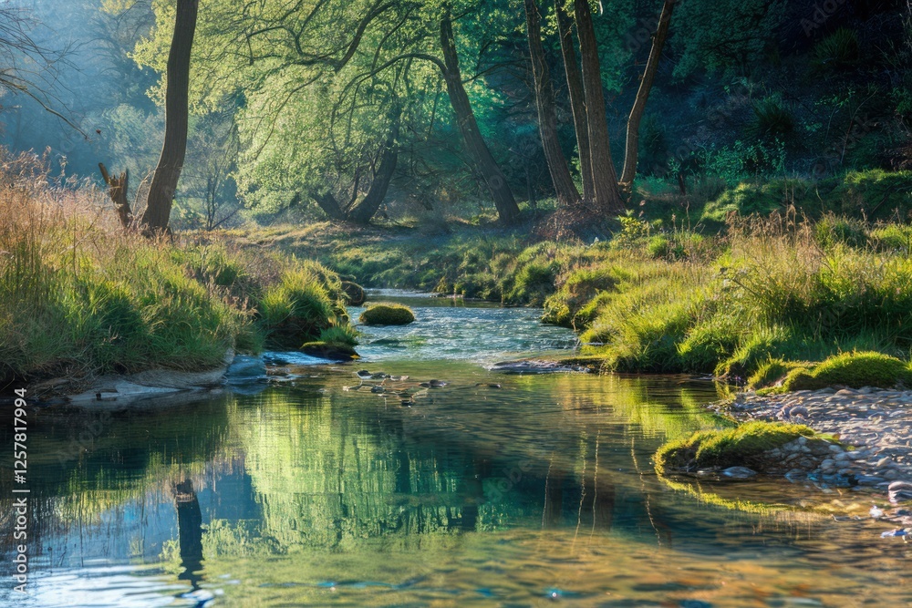 Serene stream reflects lush greenery in a tranquil forest scene. Serene stream reflects lush greenery in a tranquil forest scene.