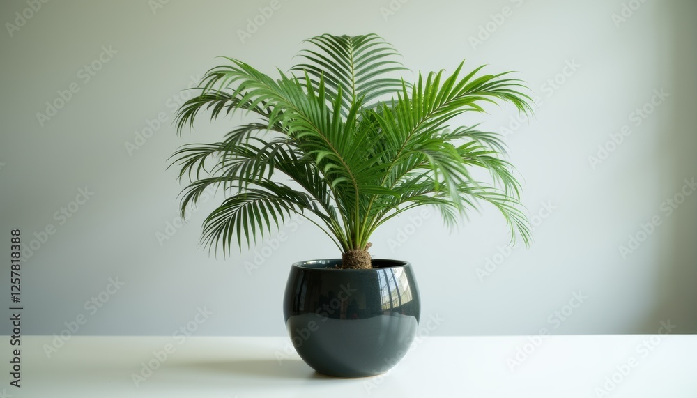 Fototapeta premium Cycas plant in dark ceramic pot against light minimal background