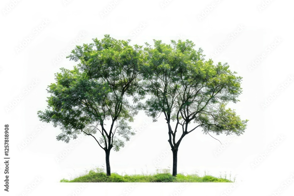 Two lush trees on isolated white background. Neural network AI generated Two lush trees on isolated white background. Neural network AI generated